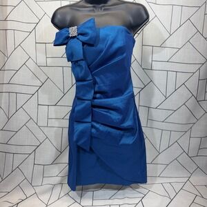 Teeze Me Blue Strapless Rhinestone Bow Ruched Mini Dress Size 7 Style 46709221